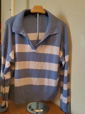 George Blue and Cream Striped V-Neck Pullover Sweater
